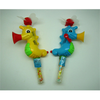 Hand Pushing Lighting Whistle Sea Horse Fan with Dextrose Candy